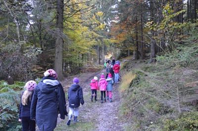 Die Kinder bei der Herbstfreizeit des Kinder- und Jugendbüros Pumpwerk auf dem Weg zur Emmerichshütte in Daxweiler